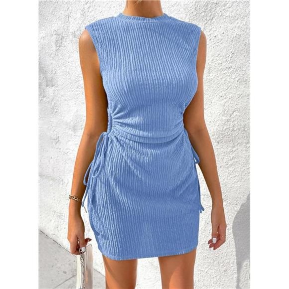 Summer Crewneck Sleeveless Cut Out Drawsting Ruched Mini Wedding Guest Dress - Picture 4 of 7